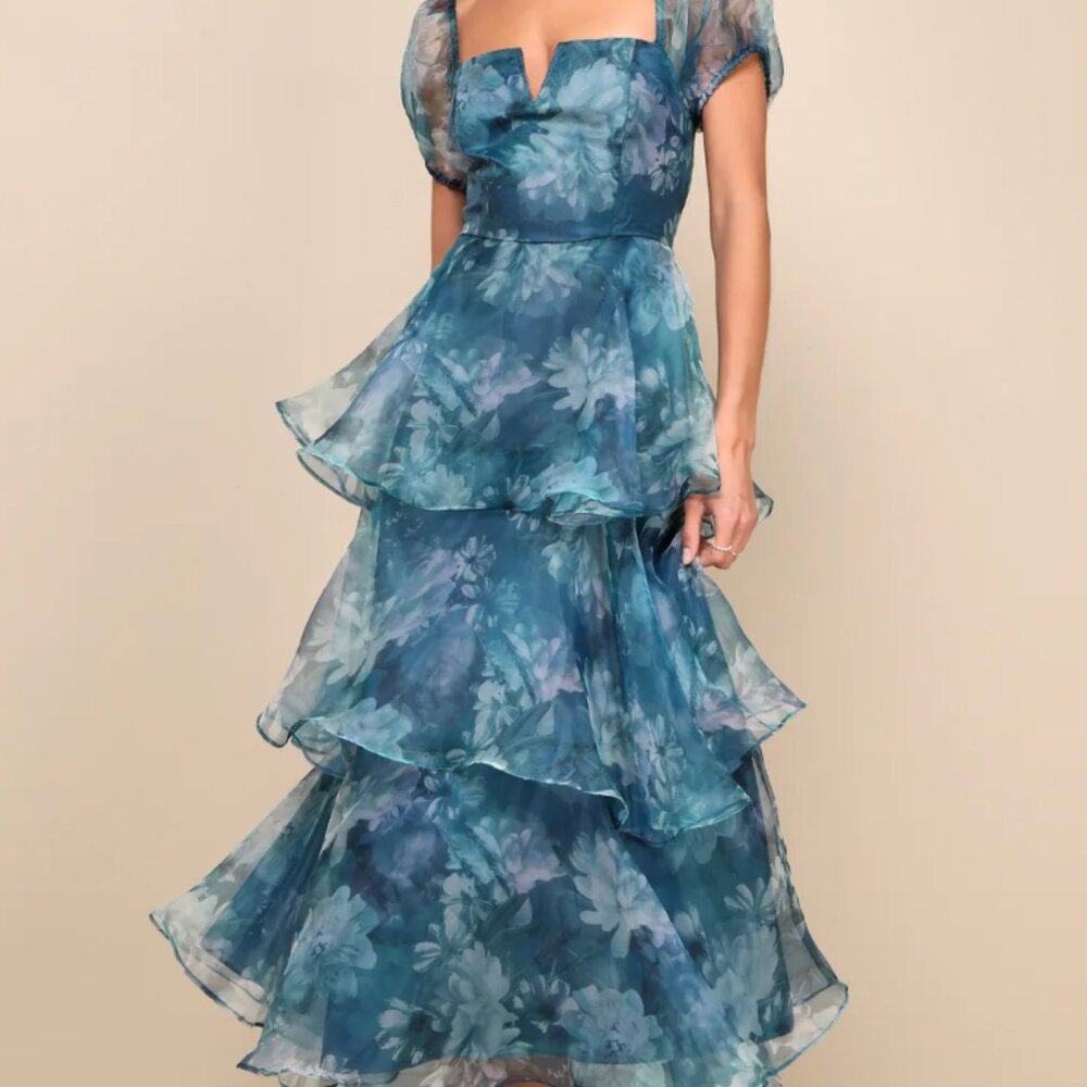 NWT Lulu's Darling Vision Teal Floral Organza Puff Sleeve Tiered Midi Dress XS